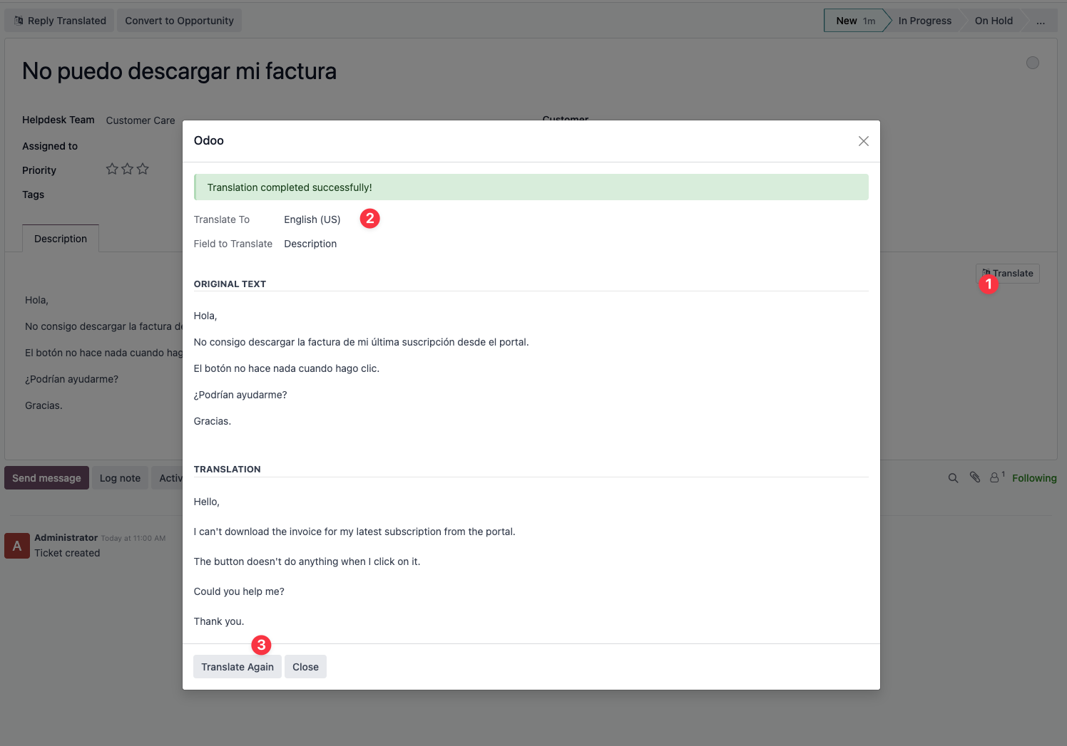 Translate ticket instantly