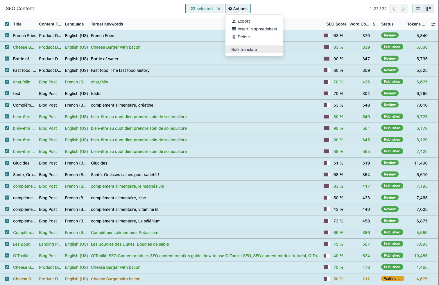 Bulk translation from list view