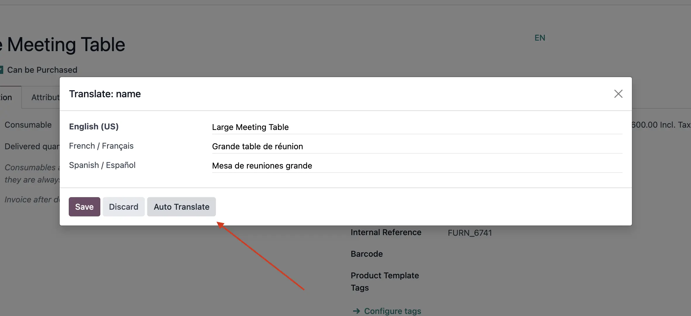 Auto translate button in Odoo