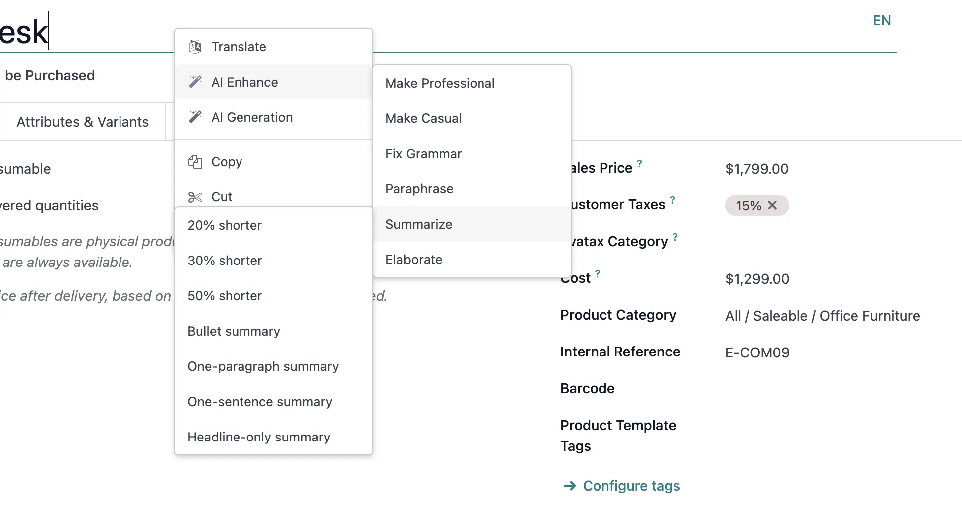 Summarize text feature
